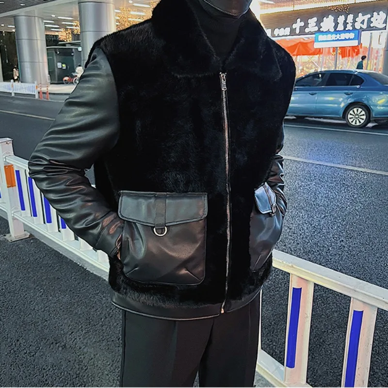 2023 Winter Leather Fur Integrated Splices Jackets Men\'s Thicken Warm Casual Social Motorcycle Leather Jacket Fashion Streetwear