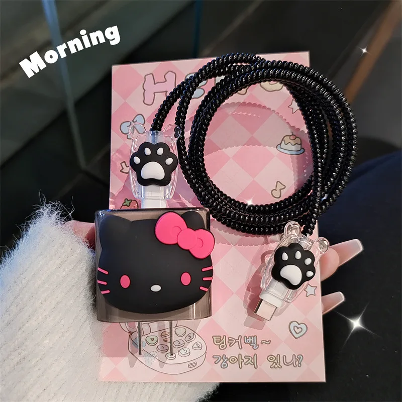 Cute Hello Kt Cat's Paw Charger Cable Protector Case for IPhone 15 14 11 16 18w 20w Charging Head Protective Cover Winder