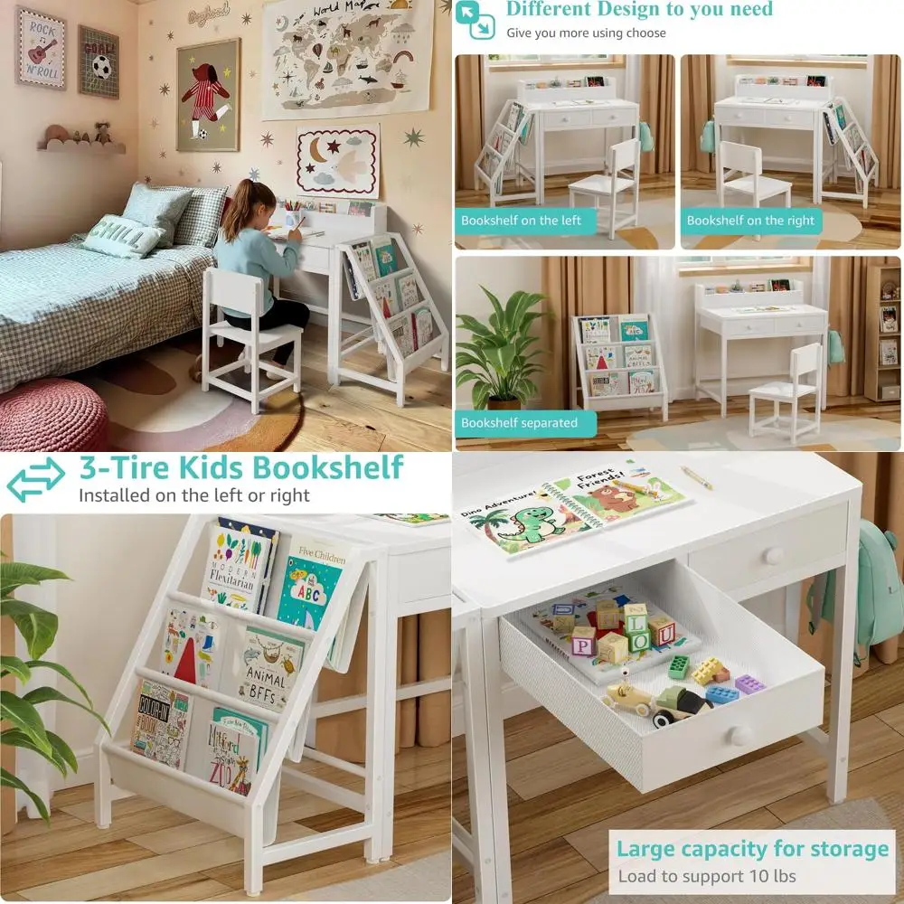

Children's Study Desk and Chair Set for Ages 5-8, Compact Kids Desk with Bookshelf and Fabric Drawer for Storage