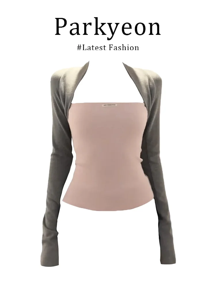 Cute Sweet Style High-End Color Block Long Sleeve Top And Short Skirt Set Women's Fashion Spring Summer Pink Casual Wear