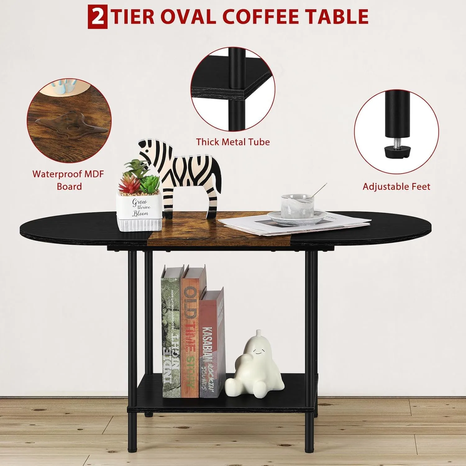 Small Black Oval Coffee Table - Center Table with Storage and Open Shelving - Round Coffee/Tea Table for Living Room, Small Spac