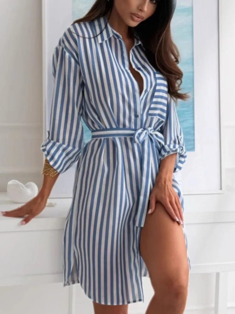 

Womens Dress 2025 Summer New Fashion Stripe Print Turn-Down Collar Loose Waistband Dress Long Sleeve Casual Lace Up Shirt Dress