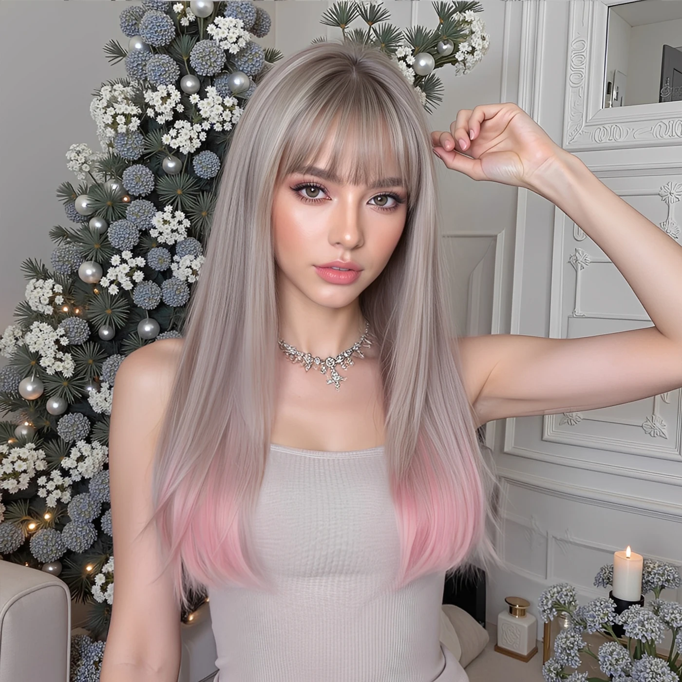 

Длинные прямые многослойные парики с челкой от серого до розового, синтетический парик с градиентом, парик Лолиты для косплея, для женщин, термостойкий