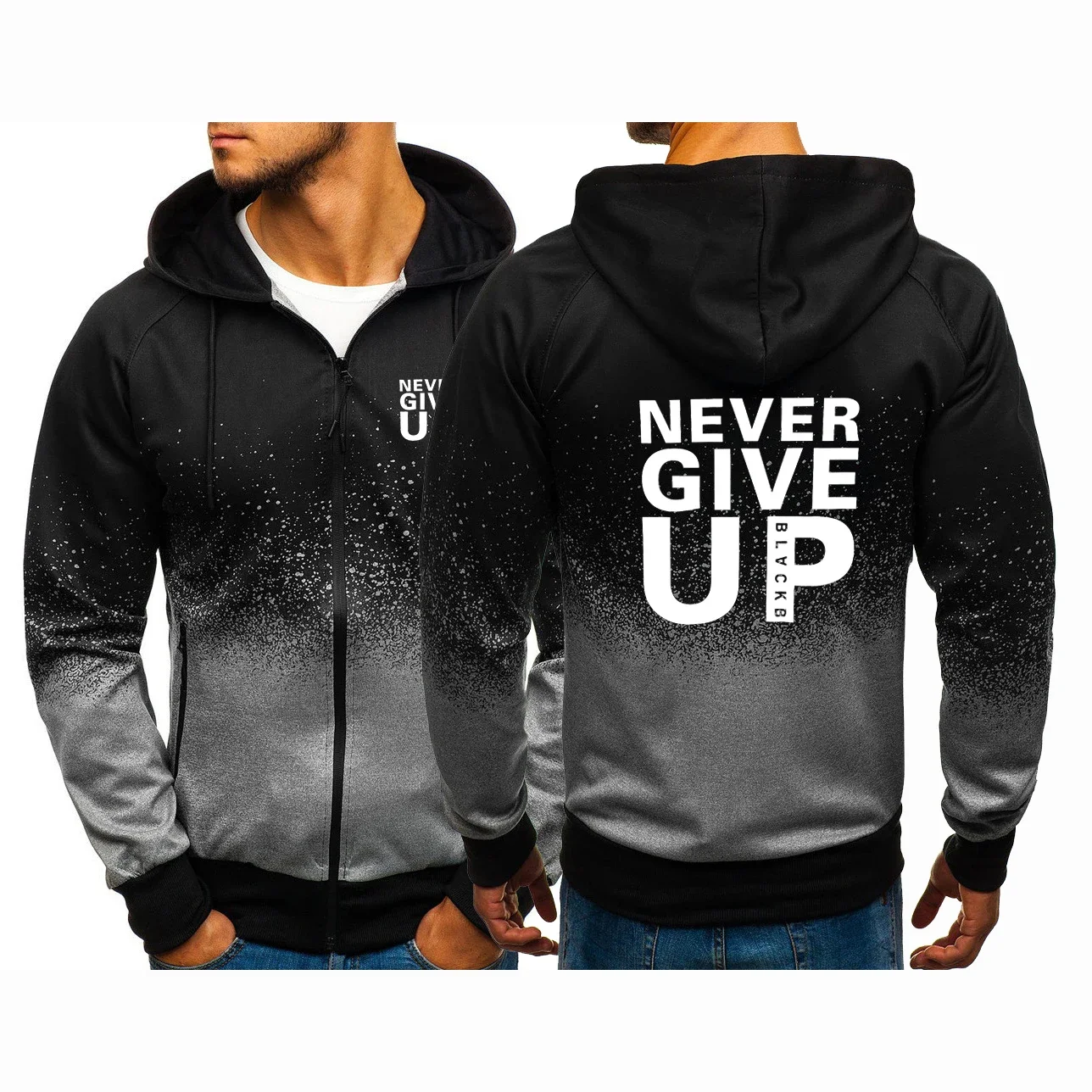 

Never Give Up Spring and Autumn Printing Men Casual Hip Hop Harajuku Hight Quality Hot Sale Gradient Color Hooded Zipper Coats