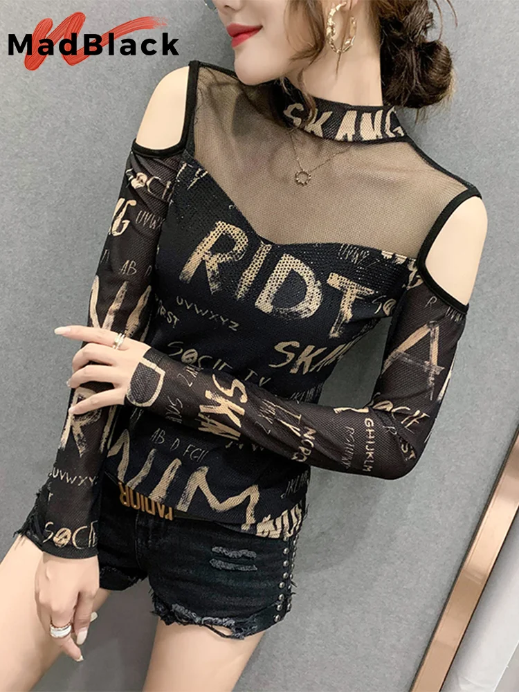 

MadBlack European Clothes Tshirt Women Sexy Turtlenecks Print Beaded Hollow Out Slim Tops Long Sleeve Tee Autumn Spring T39293JM