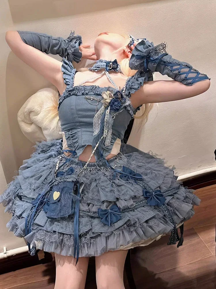 

Cute Sweet Lolita Cosplay Clothing Gothic Blue Lace Date Outfit SK Skirt Lolita Set 2025 summer new