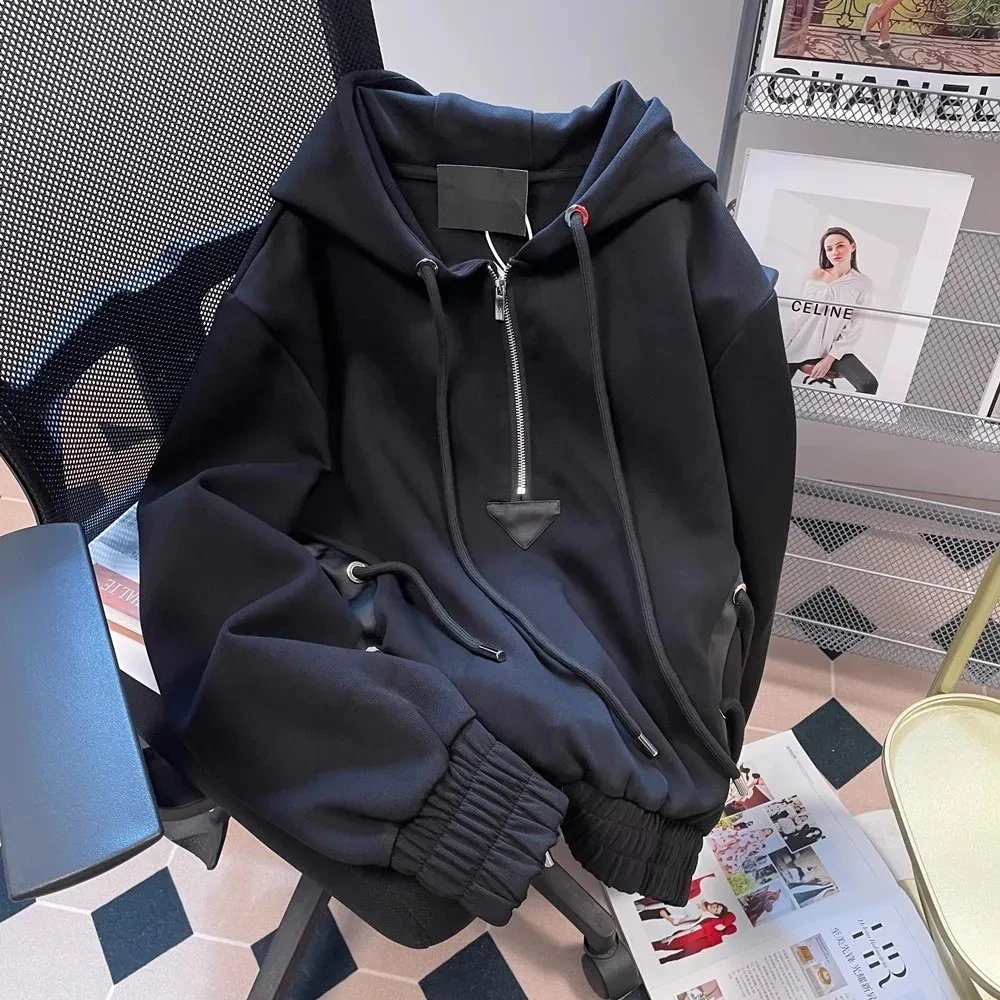 

Women's Hoodie Half Zipper Patchwork Spring Autumn Thin Loose Design Sense Lazy Style Hat Jacket Korean Version Long Sleeve