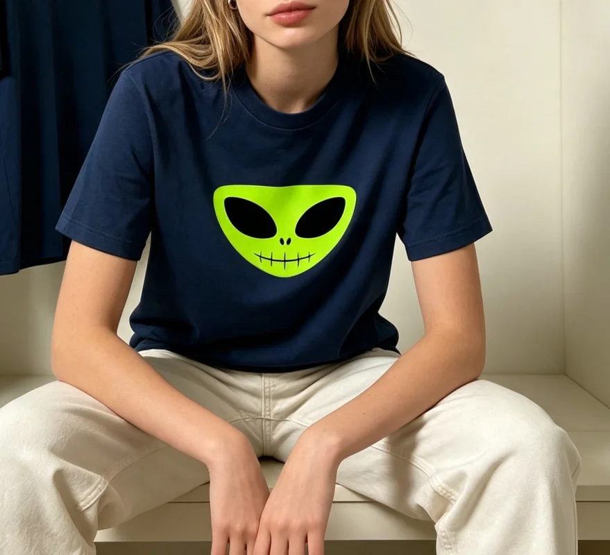 Neon Alien Face T-Shirt Green Alien Smile Graphic Black Navy Gray Casual Cotton Streetwear Unisex Sci-FiOutdoor Fashion Tee