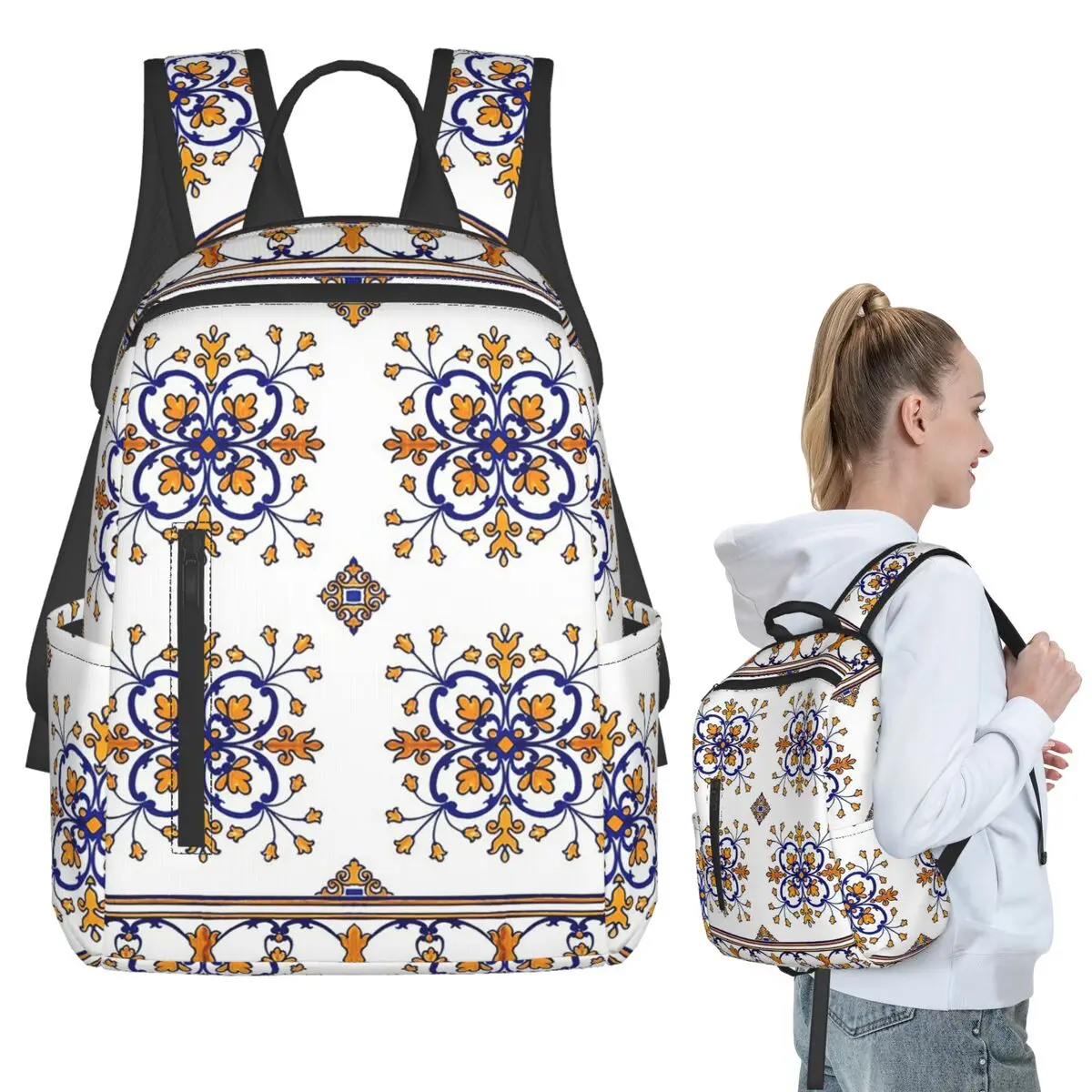 Traditional Portuguese Azulejo Blue Orange Floral Tile Pattern Backpack Student BookBag Boys Girls School Bag Laptop Shoulder