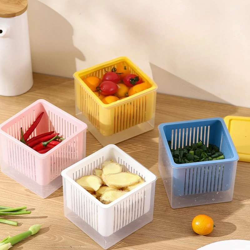 Double-layer Refrigerator Storage Box Ginger Scallion Onion Containers Sealed Fruits Vegetables Drain Crisper Kitchen Supplies