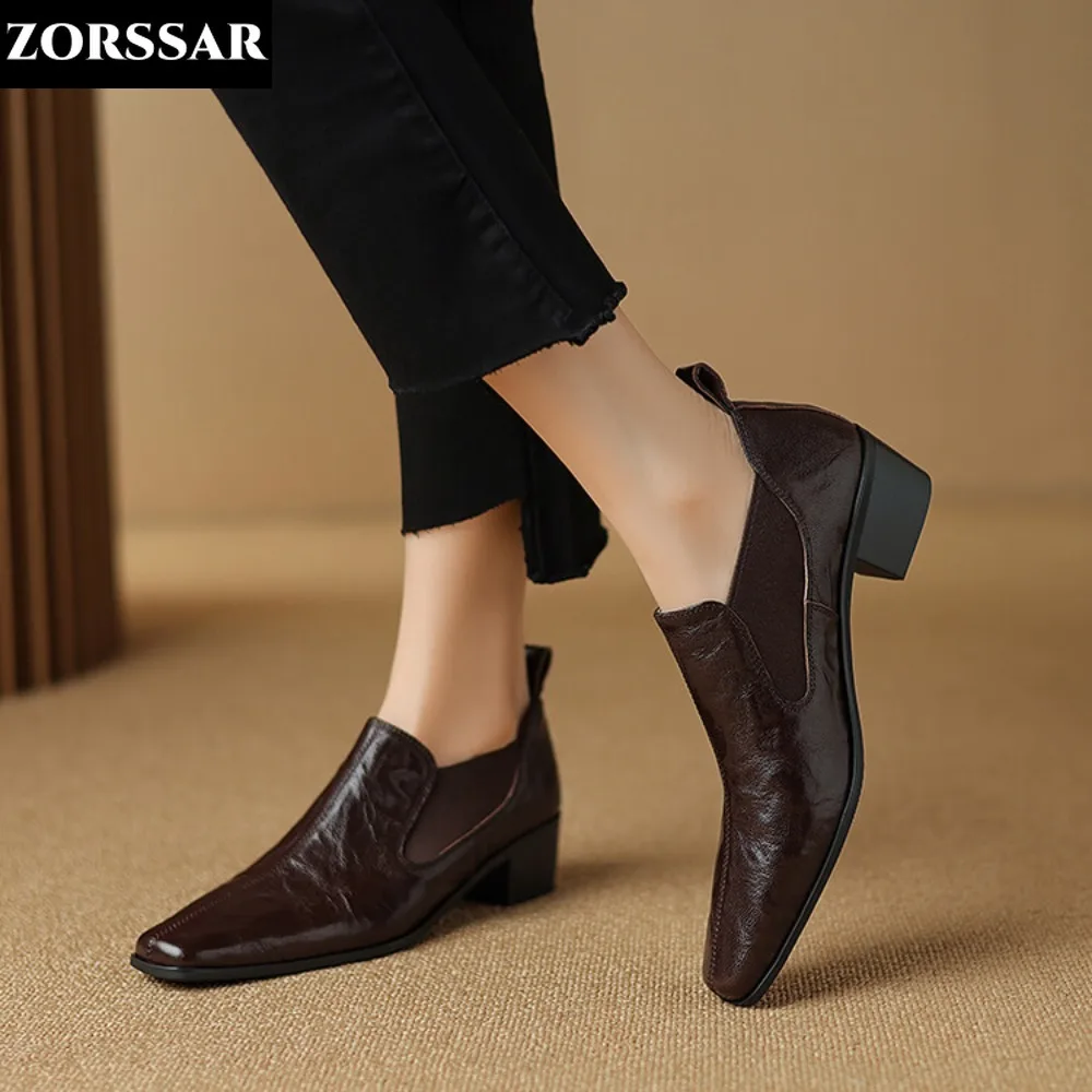 

Women's Dress Shoes Genuine Leather Pumps Square Toe Boat Shoes New Autumn Woman High Heels Offce Lady Shoes Elegant Pumps Brown