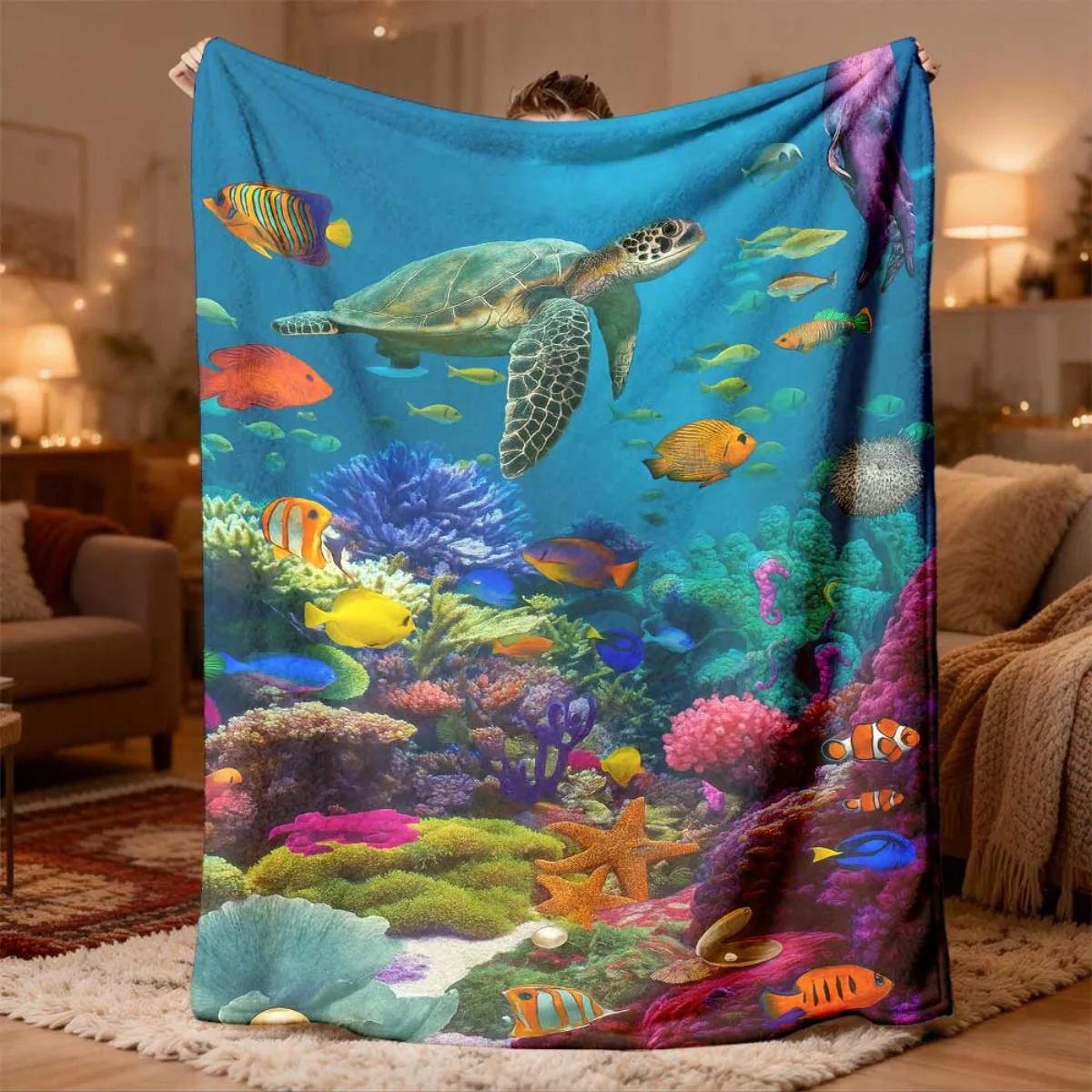 Ultra Soft Ocean Sea Turtle Tropical Life Blanket Throw 150x200cm Vibrant Coral Reef Under Water Home Decor
