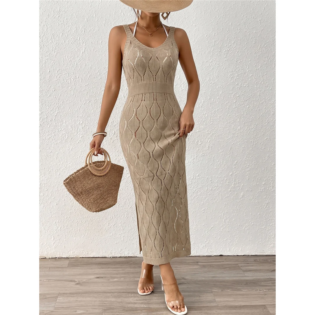 Einfarbige, ärmellose, ausgestellte, gehäkelte Tunika, Strandkleid, Strandmode, Damen V8299 – Detail 12