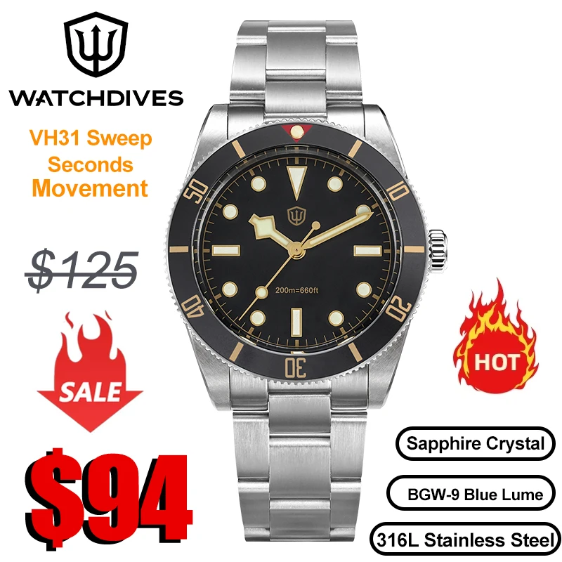 Watchdives WD7922 Orologio al quarzo da uomo VH31 Movimento Vetro zaffiro 200m Orologio da polso impermeabile Luminoso 37mm Vintage BB54 Orologi