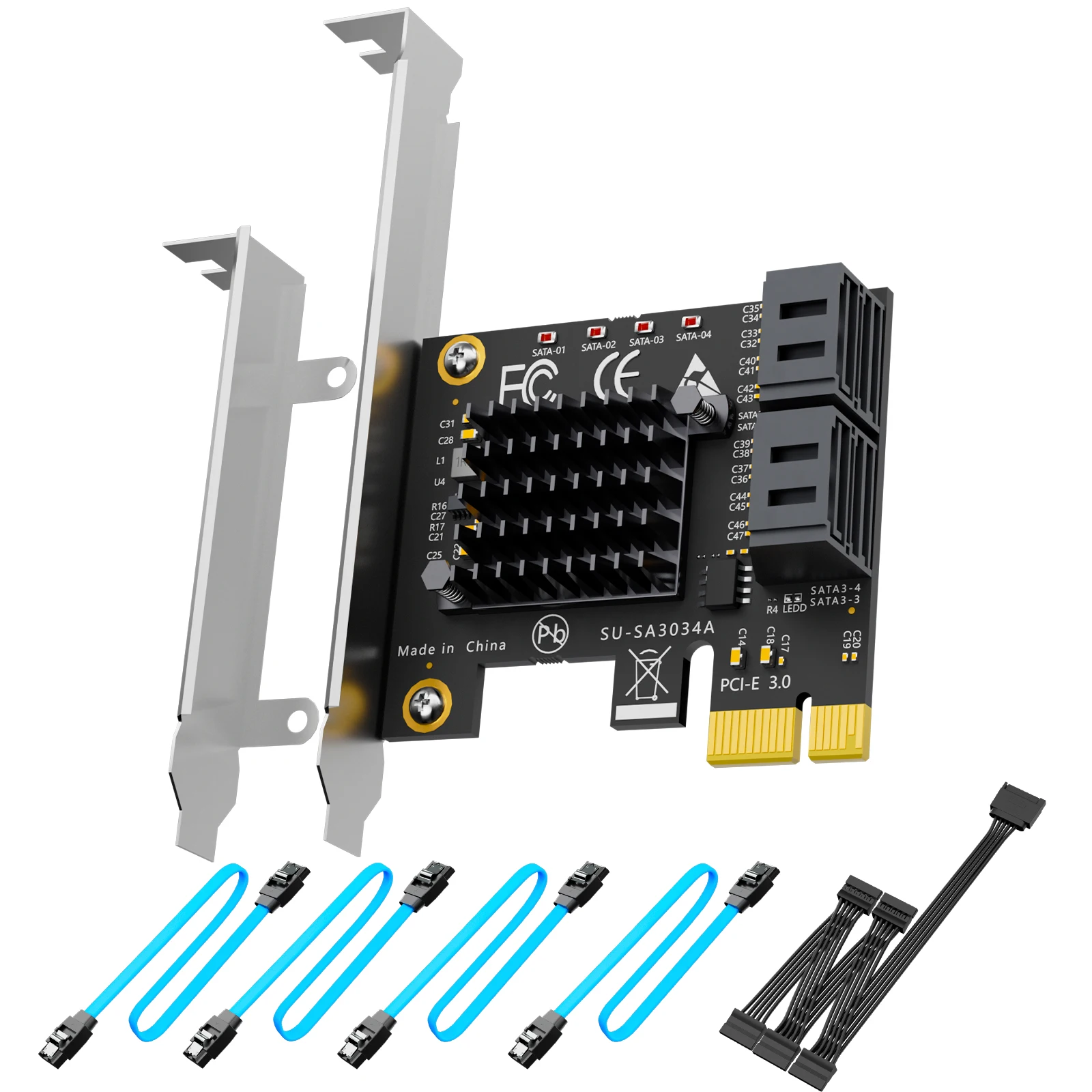 PCIe SATA Adapter Card with 4 Port SATA III 6Gbps (Including SATA Cables and 1:5 SATA Splitter Power Cable)