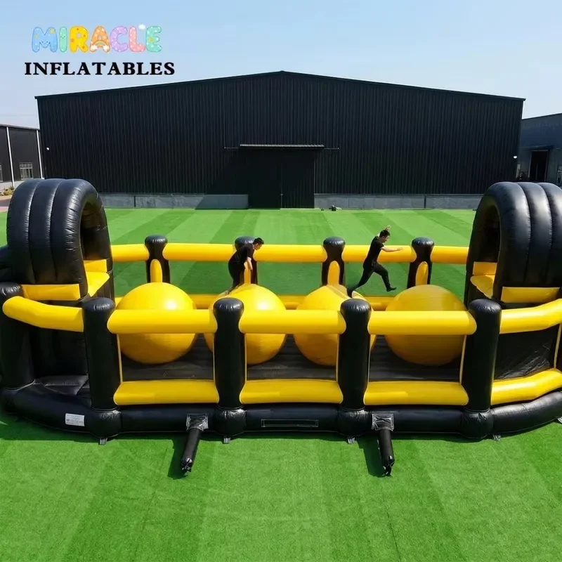 Commercial Inflatable Big Baller Wipeout Obstacle Course, Black Yellow 4 Giant Balance Ball Inflatable Challenge Arena