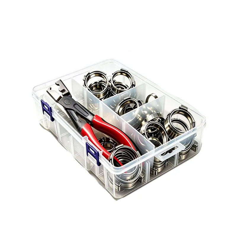 210Pcs Stainless Steel Ear Stepless Hose Clamps Kit, Worm Drive Fuel Water Pipe Clips with 1Pc Clamp Pliers for Plumbing Repair