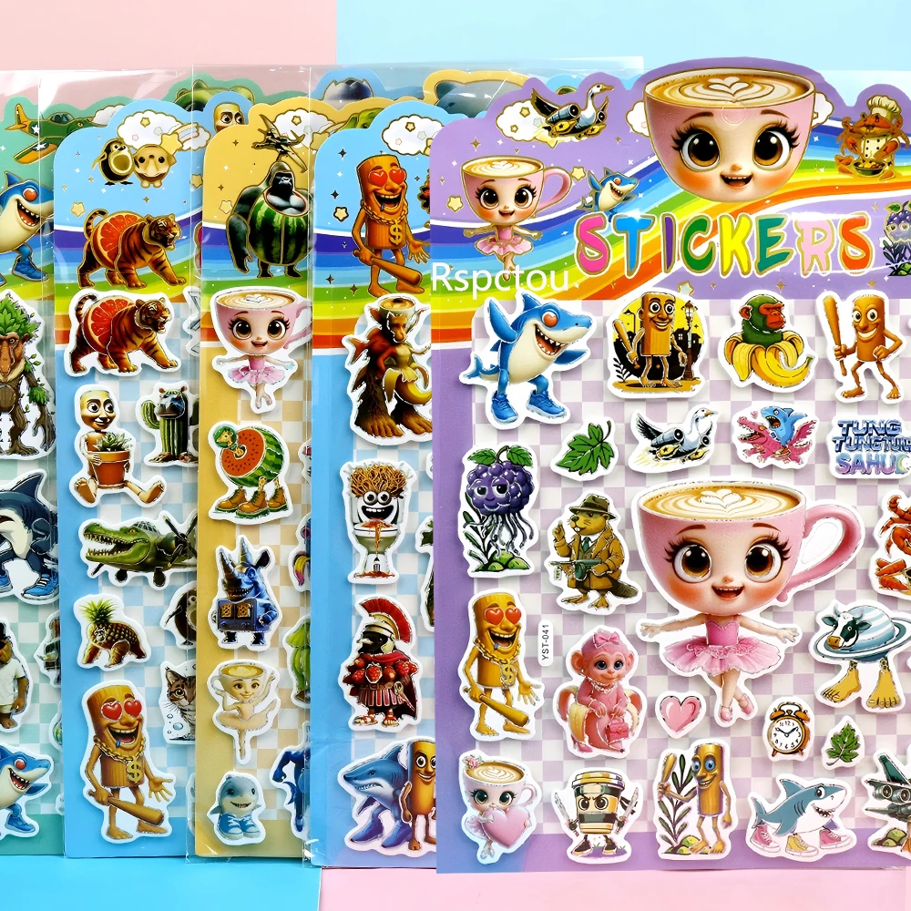 6pcs Tung Tung Sahur Meme 3D Bubble Puffy Stickers Italiaanse Brainrot Decals DIY Laptop Telefoon Dagboek Grappige Decoratie sticker