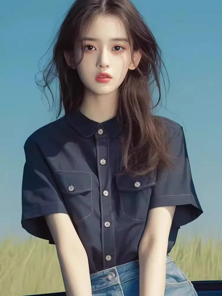 

Faionable Retro Sle Pure Color Casual irt ort Sve Женский топ в Корейском стиле с прямым вырезом и пуговицами Летняя одежда