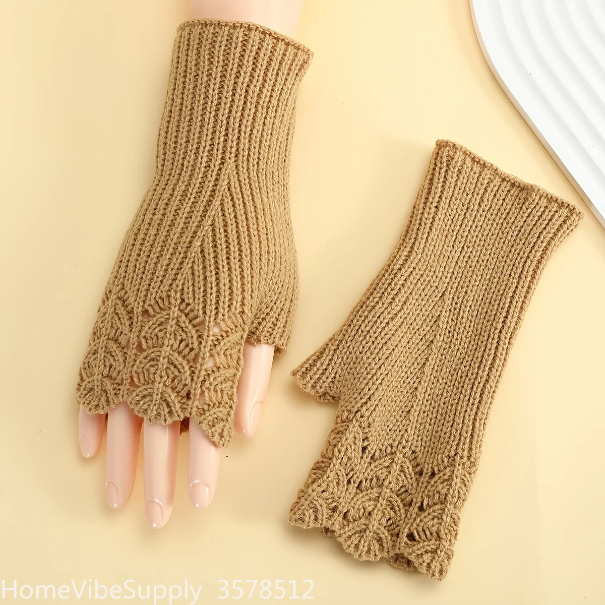 1 Pair Solid Color Acrylic Fingerless Gloves for Women, Knit Fish Scale Pattern Preppy Style Elastic Arm Warmers, Decorative Half Finger Outdoor Gloves