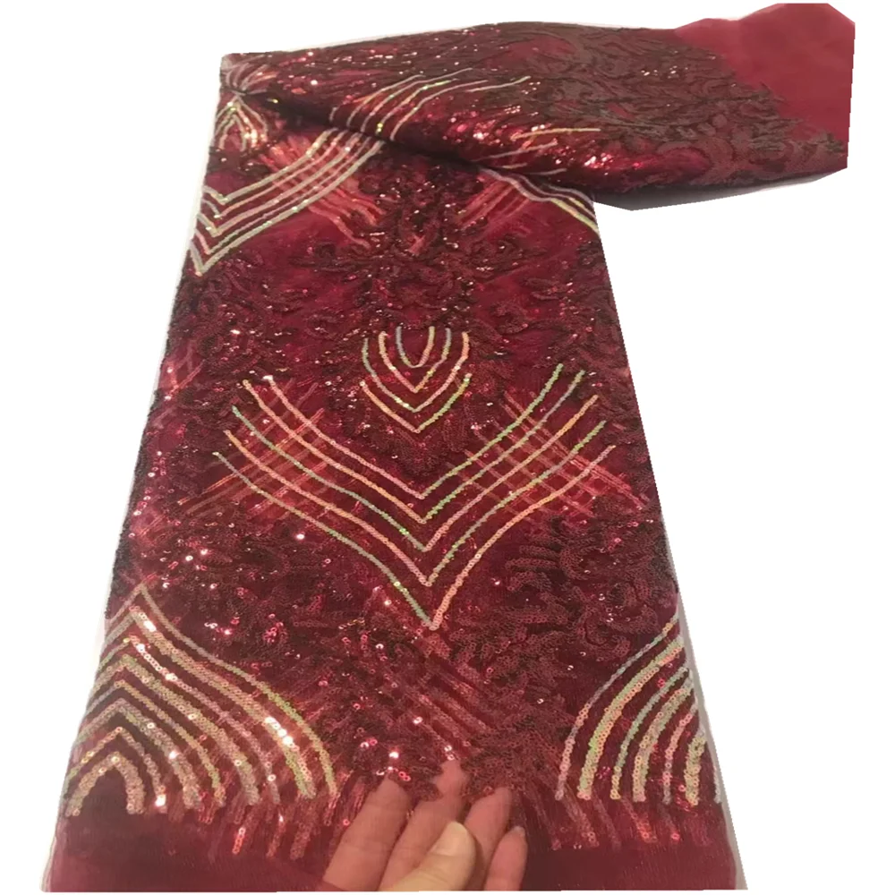 High Quality wine red gold African  Lace Fabirc New arrival Nigreian Embroidery Sequins Lace Fabric Women Wedding Drees FJ513