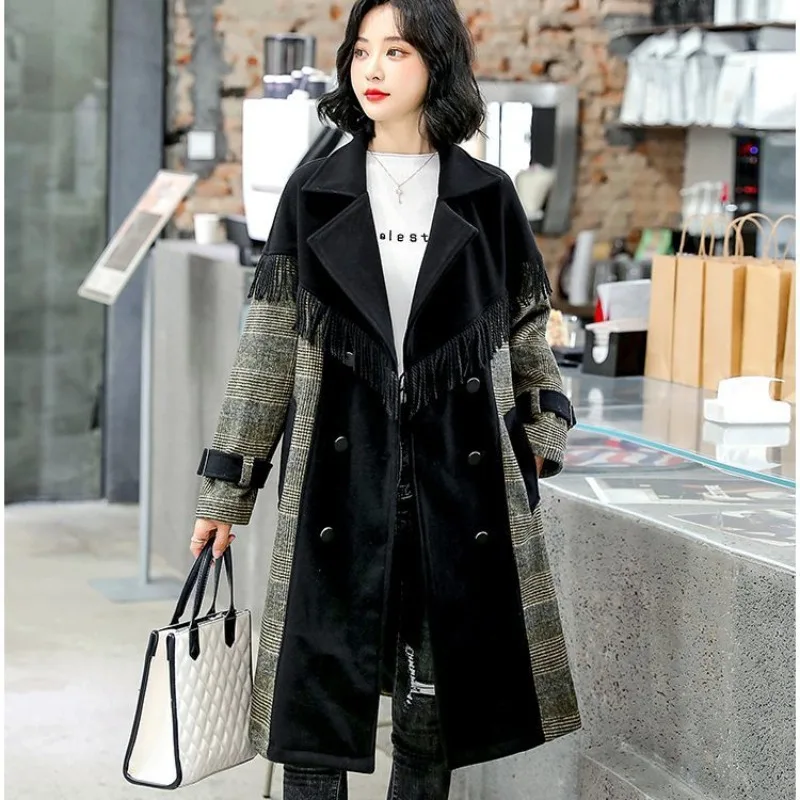 Female Fashion Casual Design Mid-Length Woolen Coat 2023 Winter New Women Temperament Patchwork Loose Large Size Plaid Outwear