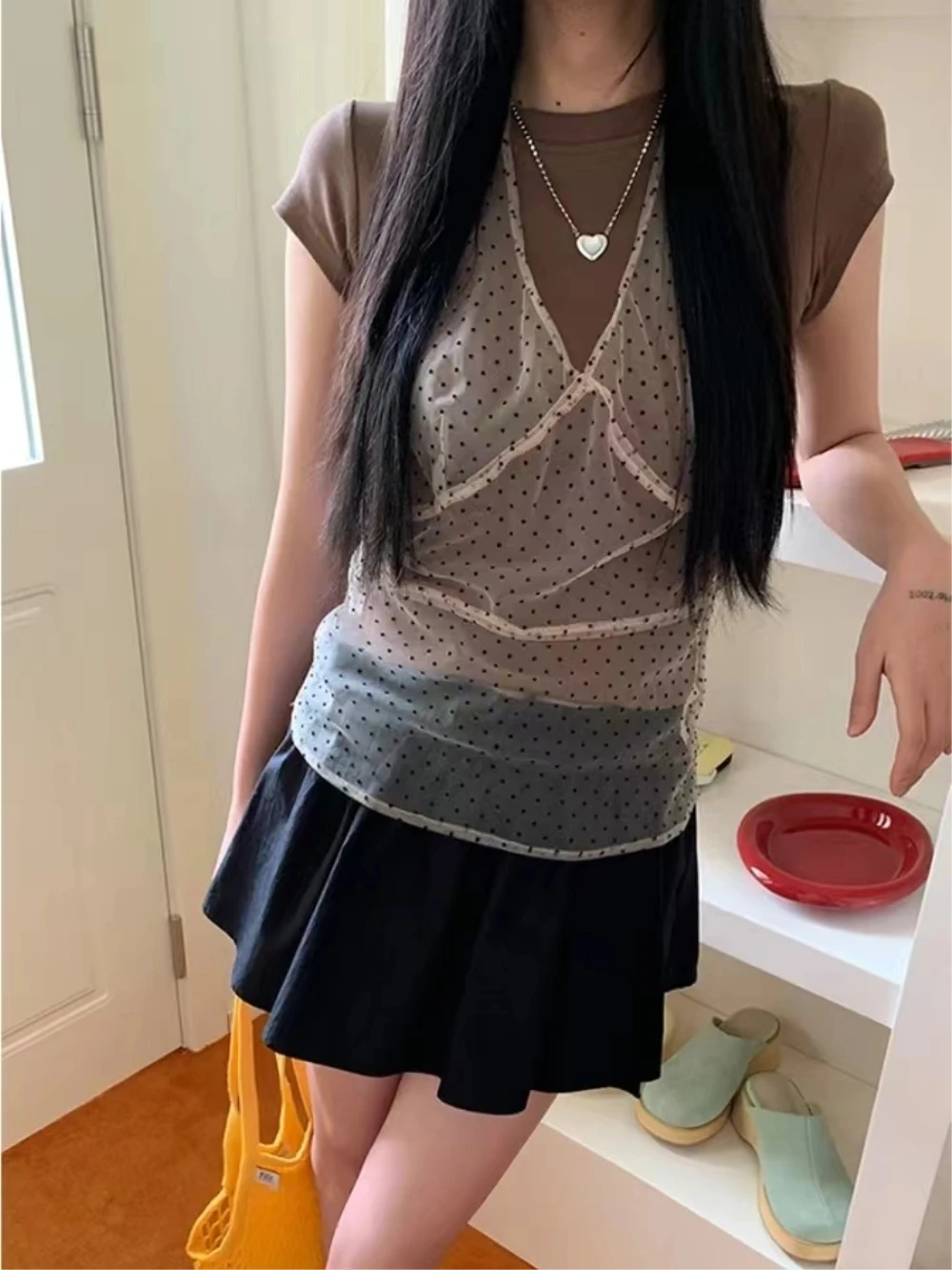 Kore Ins Aynı Dantel Dalga Noktası Kaşkorse Elbise Bayan Örgü Kolsuz Orta Uzunluk Cover Up Elbise Yaz Yeni Y2K Kız Baharatlı Kızlar