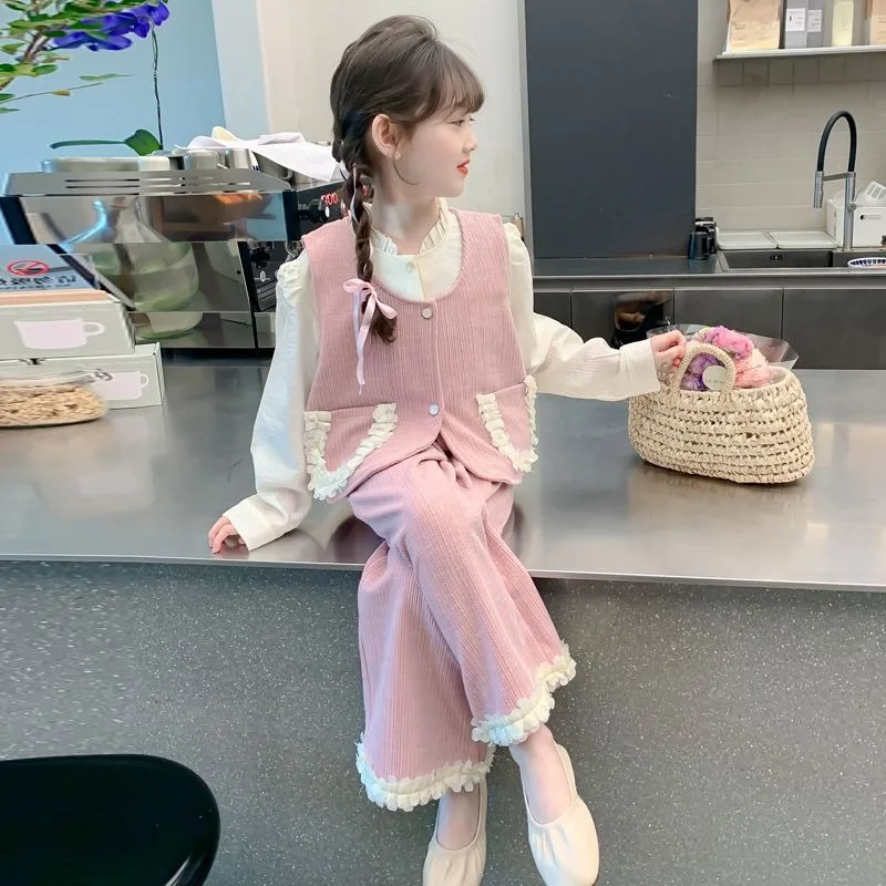 Top & Pants 3-Piece Set Vest Girls Clothes 11 To 12 Years From 7 8 Elementary Student Girl Long Sleeve Autumn Winter Wear Girl's