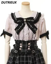 Rojita-camisa Lolita con cuello de encaje para mujer, blusas de manga corta ajustadas con lazo en los hombros, Tops bonitos de verano