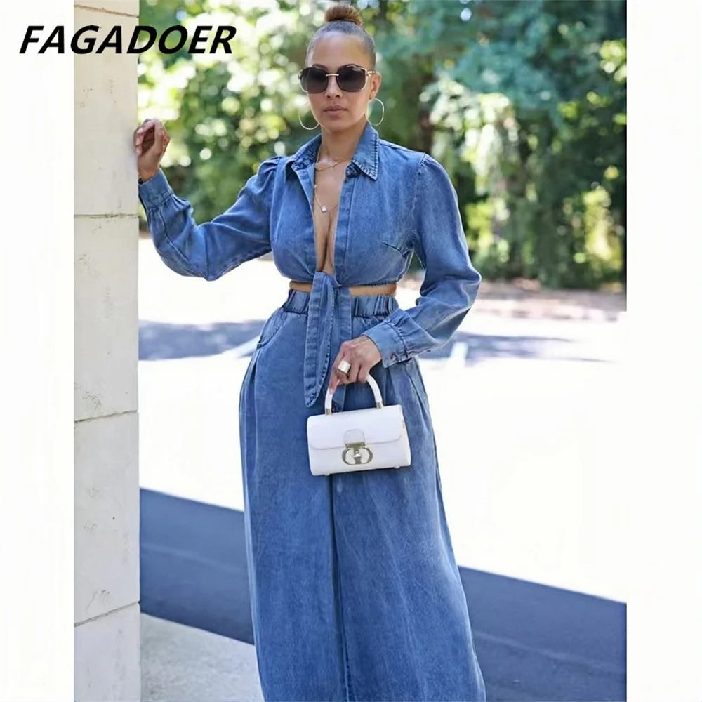 FAGADOER moda fasciatura gamba larga jeans pantaloni 2 pezzi set donna vestito colletto rovesciato Crop Top e pantaloni in Denim a vita alta abiti