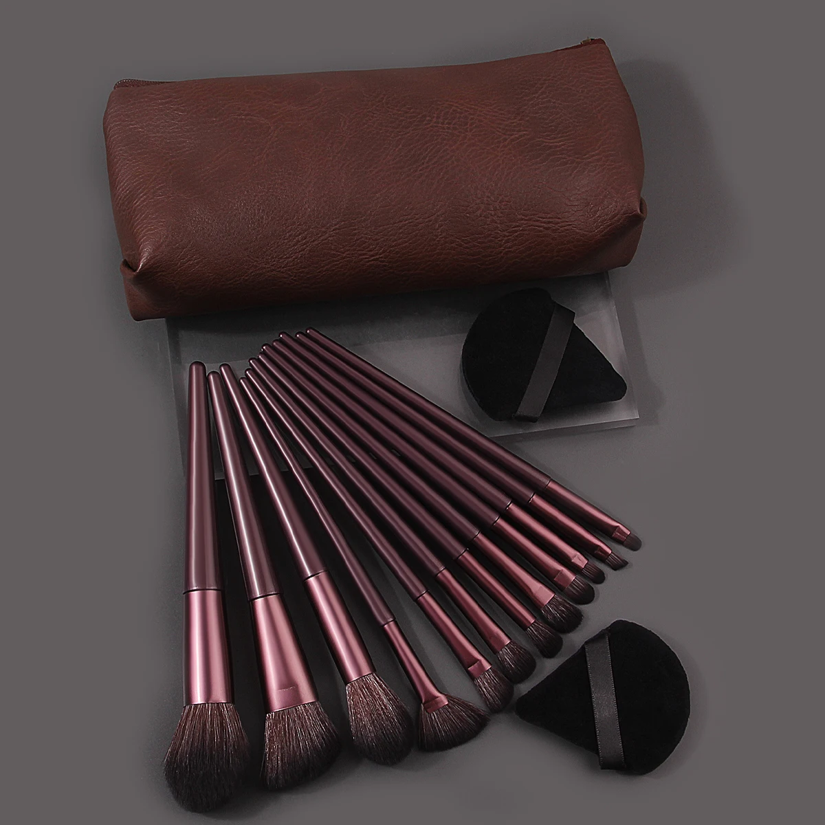12pcs dark brown makeup brush set+2 triangular powder puffs+retro high-end storage bag portable travel professional makeuptools