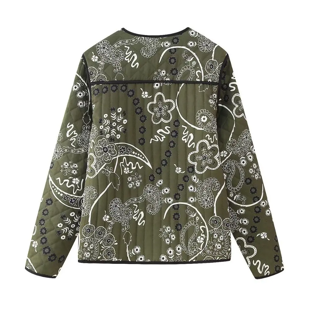 

Women's Vintage Printed Pocket round Neck Coat Loose Fit European American Style Autumn Winter Cotton Jacket D15840