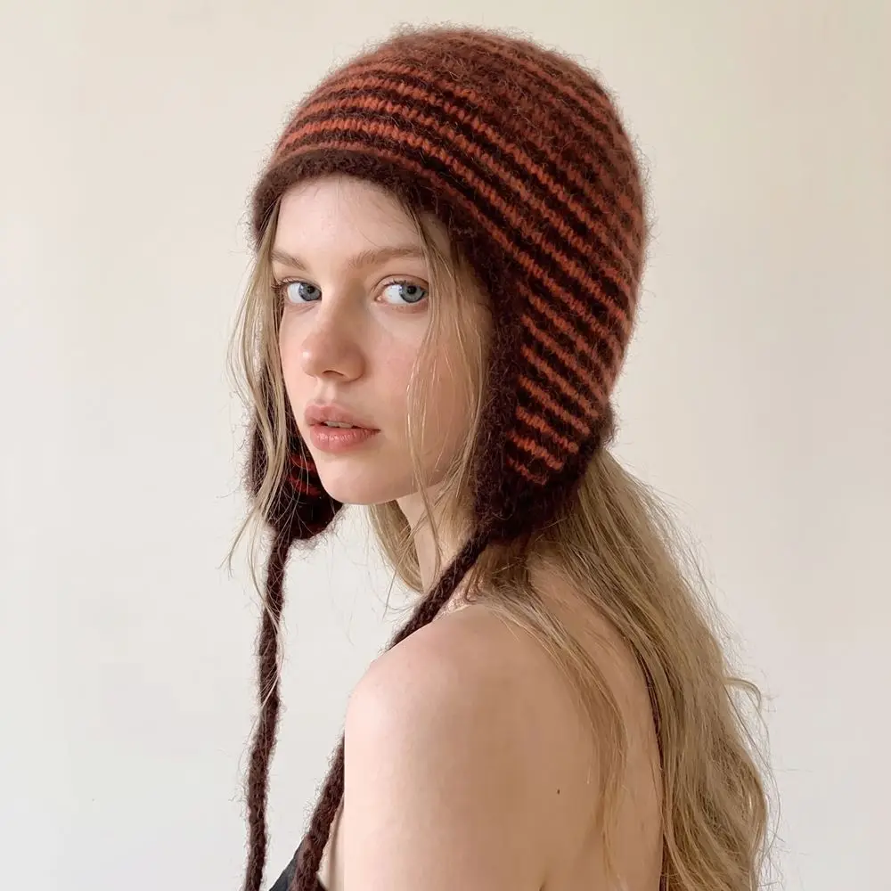 Cozy Korean Style Earflap Hat Plush Solid Color Knitted Hat Woolen Ear Protection Knit Cap Girls 3