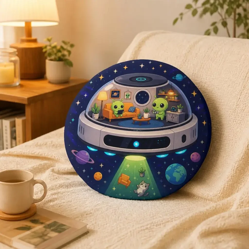 Cute Alien UFO Robot Vacuum Plush Throw Pillow Space Home Decor Stuffed Cushion Sci Fi Floor Pillow Gift