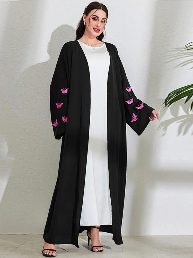 Muslim Women Butterfly Embroidery Open Kimono Abayas Dubai Turkish Casual Islam Clothing Moroccan African Kaftan Eid Long Robes