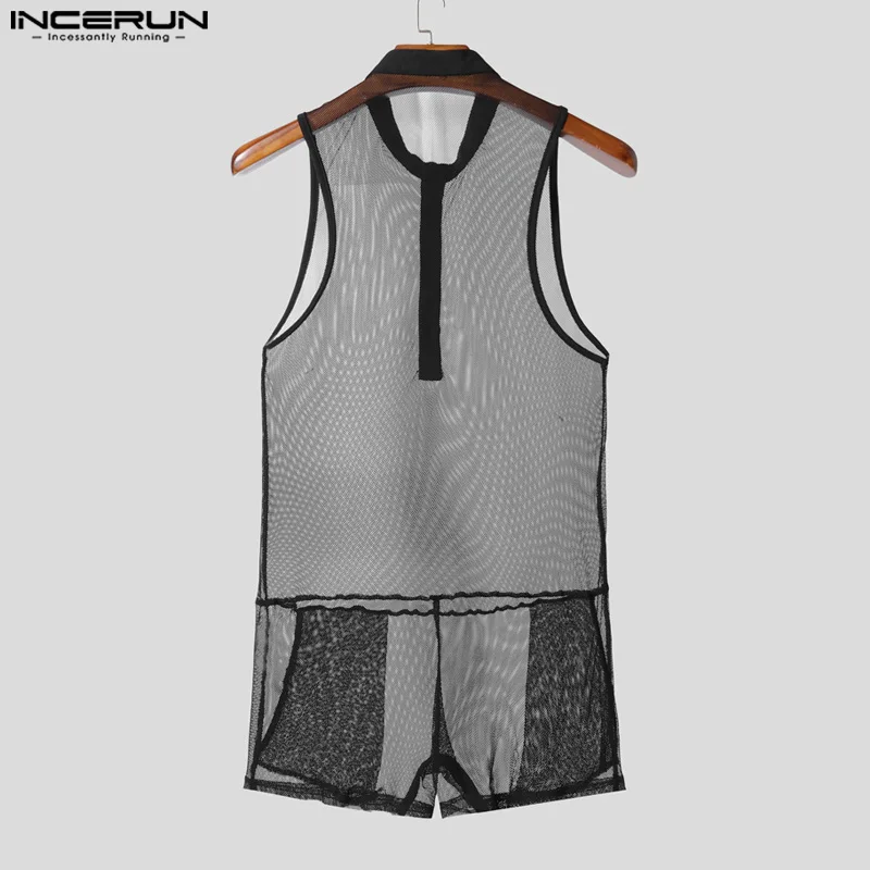 Incerun masculino bodysuits malha cor sólida ver através sexy o-pescoço sem mangas macacão verão 2025 playsuits moda masculina bodysuit