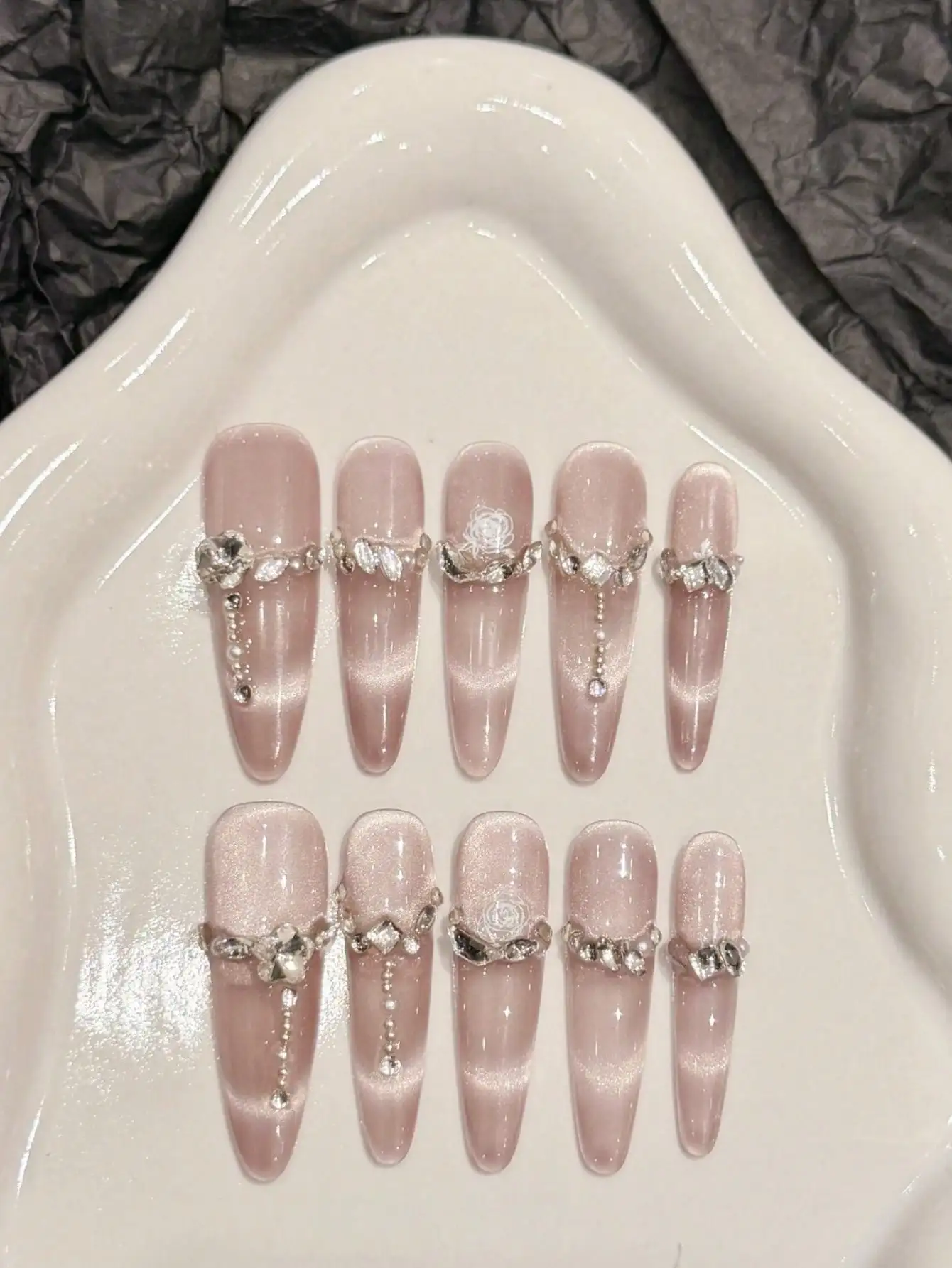 

10Pcs Luxury Super Long Stiletto Press On Nails, Rhinestone Handmade False Nails with Adhesive Tabs Tool Set for Party