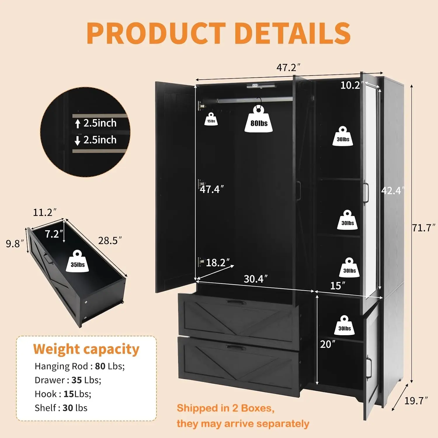 Armoire Wardrobe Closet with Drawers and Mirror, 72