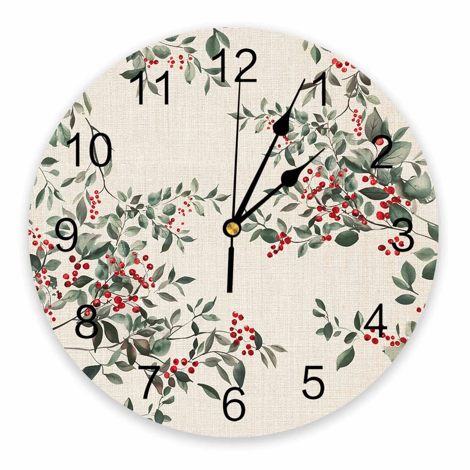 Berry Watercolor Beige Linen Background Wall Clock Large Modern Kitchen Dinning Round Wall Clocks Bedroom Silent Hanging Watch