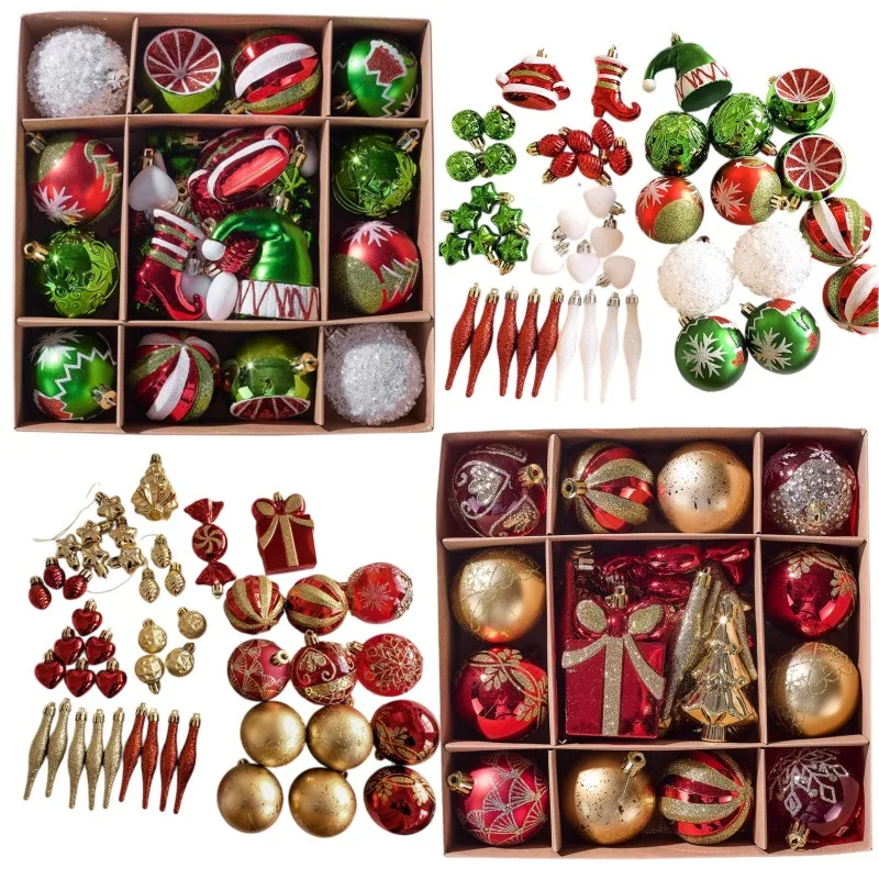 46PCS 4-9CM Assorted Christmas Balls Set in Brown Champagne Red Green/Gold  Santa Hats Hearts Santa Suits Xmas Tree Ornaments