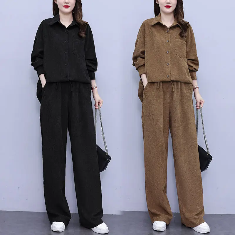 Corduroy Jacket Tops And Pants Set 2023 Autumn Large Size Women's Loose Cardigan Casual Trousers Two Piece Tracksuit Z3079