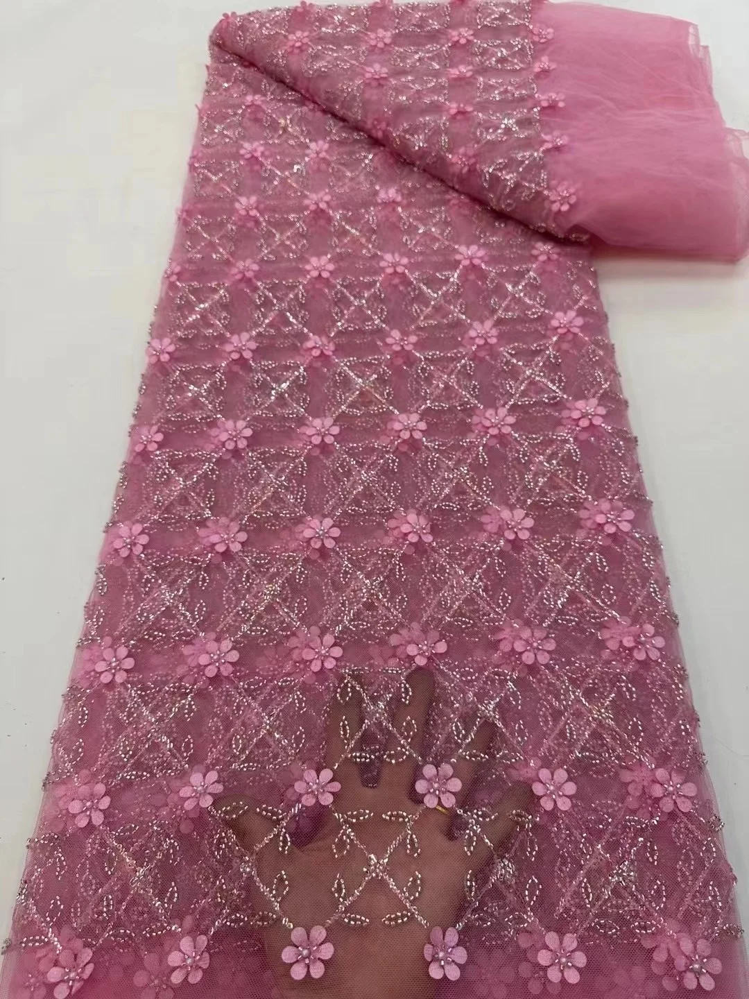 

Nigerian Heavy Beaded Lace Fabric Luxury Purple Dubai Tulle Embroidery Lace Fabric With Sequins For Evening Dress Bridal Fabrics