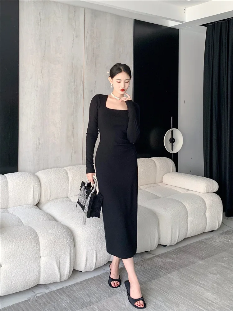 7818 Autumn Winter 14 Needle High Twist Cotton Not Easy To Deform~Square Collar Waist Pleated Split Hip Wrap Long Dress