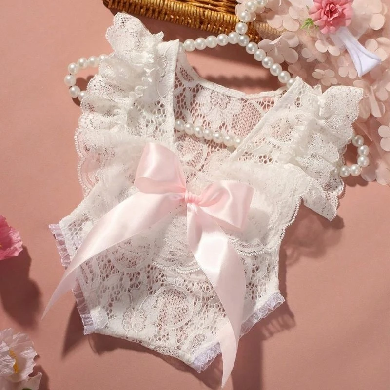 

J15U 2pcs Newborns Lace Romper and Floral Headband Props Set for Photography Studios