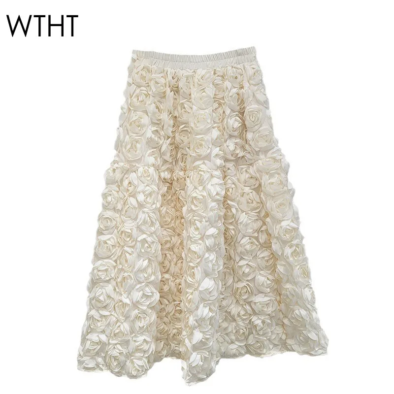 

WTHT 2024 Autumn Trendy Women's Spliced 3D Flower Long Skirts Fashion New Elastic High Waist A-line Skirt Female 1LS239