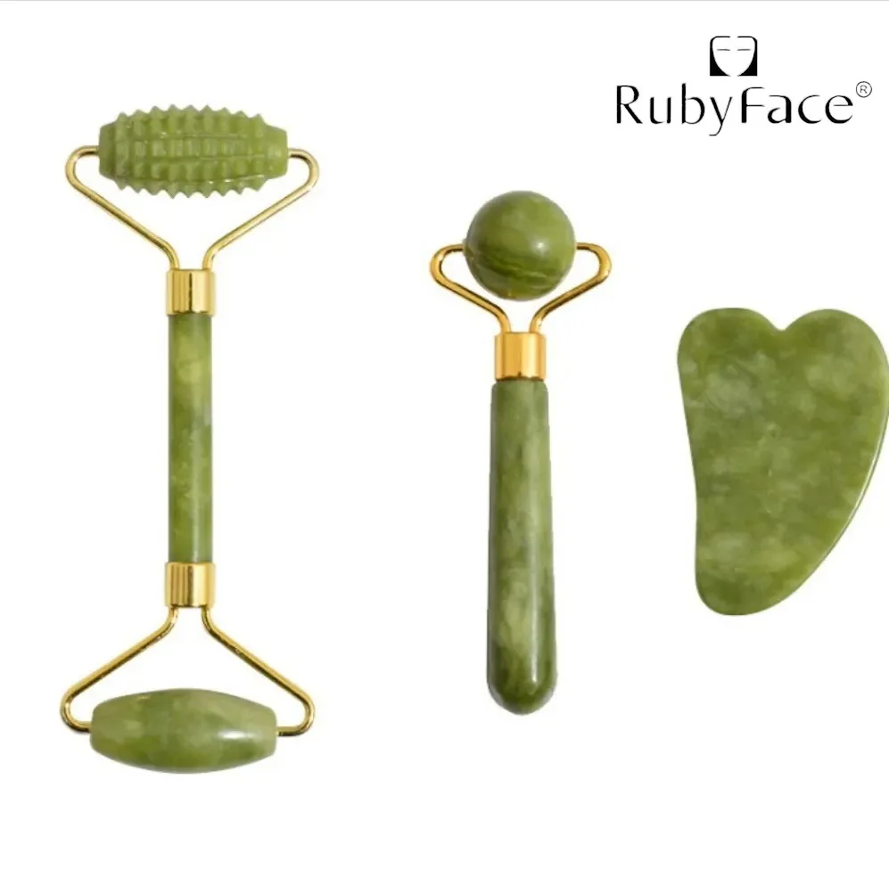 Gua Sha Jade Stone Roller para cuidados faciais, massageador corporal, ferramenta de saúde e cuidados com a pele, presente de beleza para mulheres 3PCs