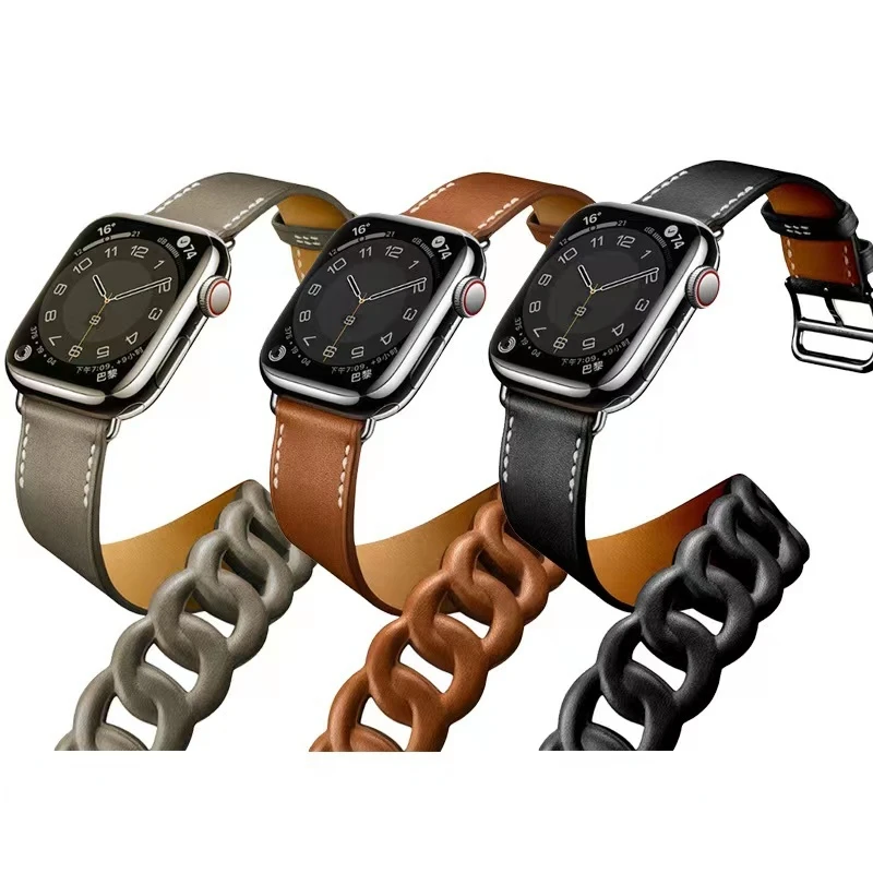 Leather Strap for Apple Watch Band 7 45mm 41mm Double Loop Circle Bracelet Wristband for iWatch 8 7 6 5 4 SE 44mm 42mm 40mm 38mm