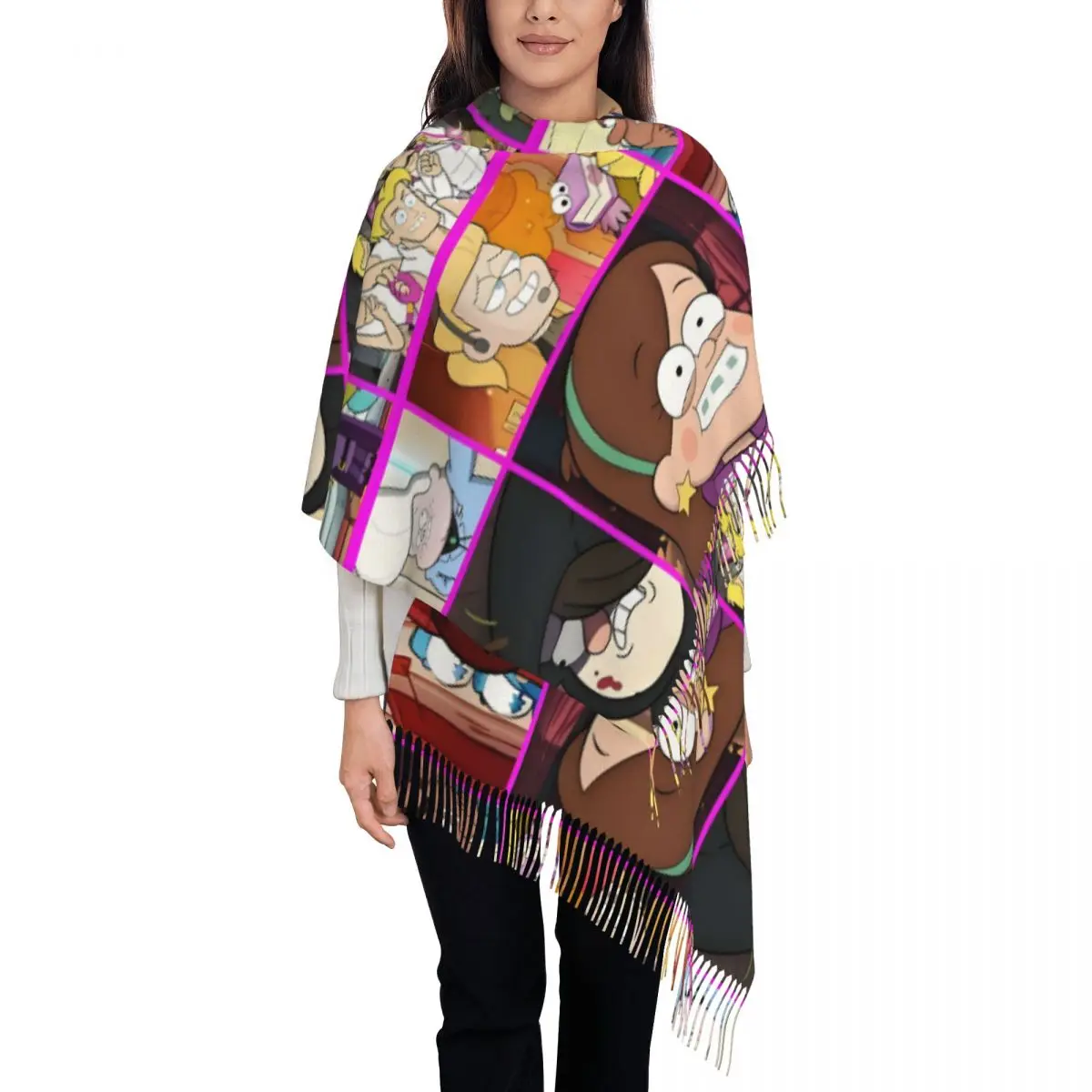 

Стильный шарф с кисточками Mabel Pines Crushes Gravity Falls, зима-осень, теплая шаль, женские шарфы в стиле аниме, комедия, сериал, мультяшные шарфы