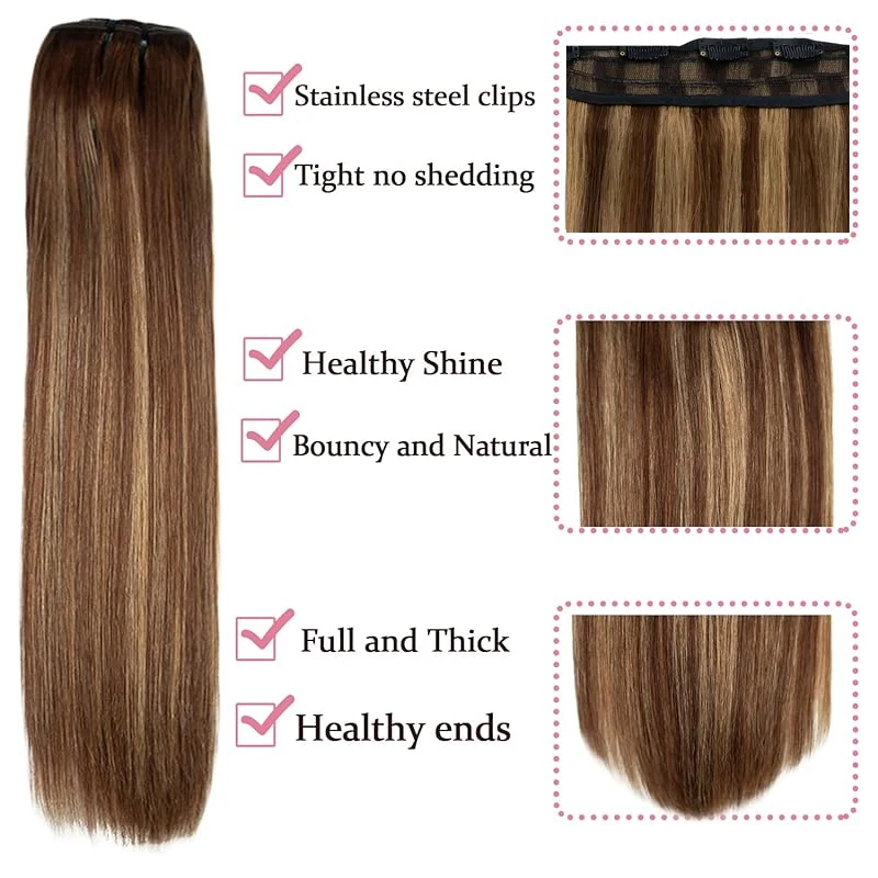 Clip In Human Hair Extensions One 5 Piece Clips Full Head-Thicker Standard Weft P4/27 Medium Brown Huamn Hair 16-26 Inches