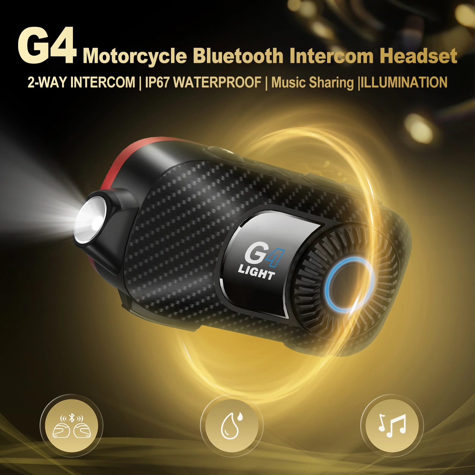 TNICER G4Light tandem motorcycle walkie-talkie, 600-meter communication range, LED light, Bluetooth 5.2, 2000mAh battery.